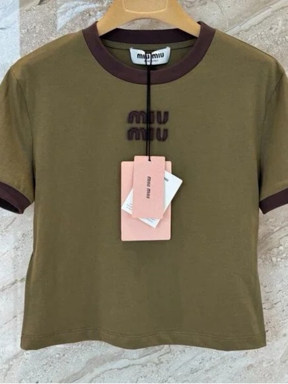 Miu Miu Olive Green Short Sleeve Logo Ringer Tee with Brown Trim - Picture 2 of 5